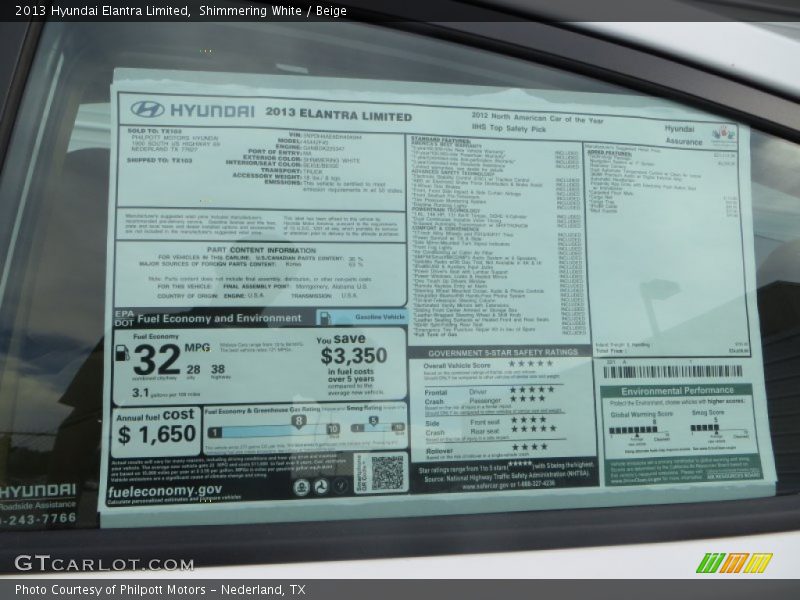 Shimmering White / Beige 2013 Hyundai Elantra Limited