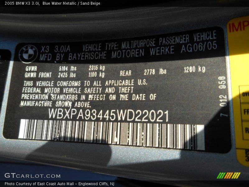 Blue Water Metallic / Sand Beige 2005 BMW X3 3.0i