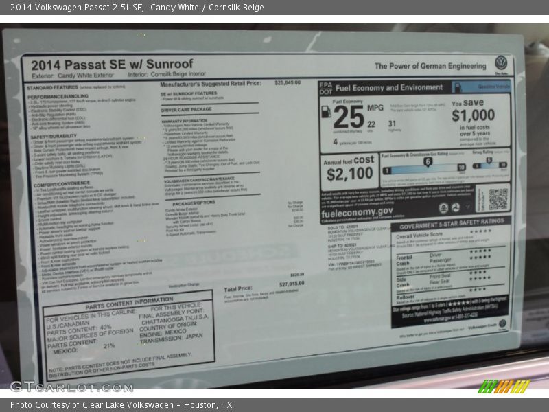 Candy White / Cornsilk Beige 2014 Volkswagen Passat 2.5L SE