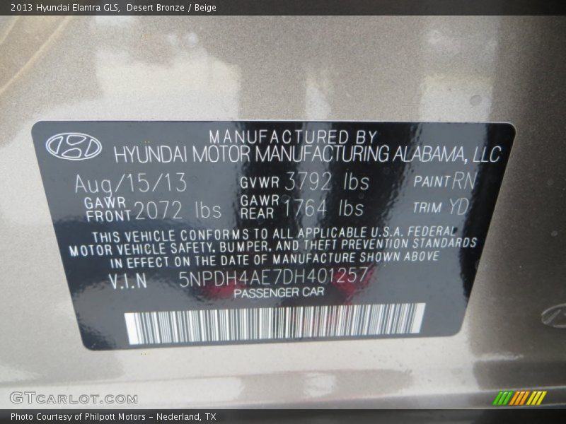 Desert Bronze / Beige 2013 Hyundai Elantra GLS