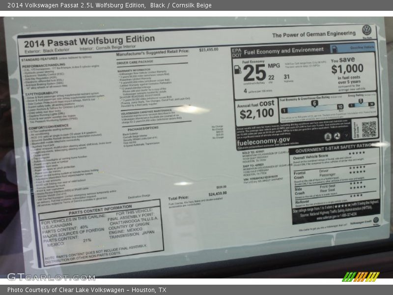 Black / Cornsilk Beige 2014 Volkswagen Passat 2.5L Wolfsburg Edition