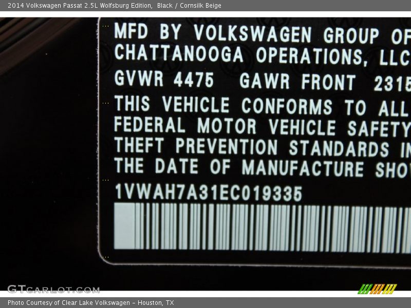 Black / Cornsilk Beige 2014 Volkswagen Passat 2.5L Wolfsburg Edition