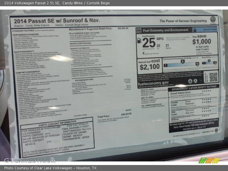 Candy White / Cornsilk Beige 2014 Volkswagen Passat 2.5L SE