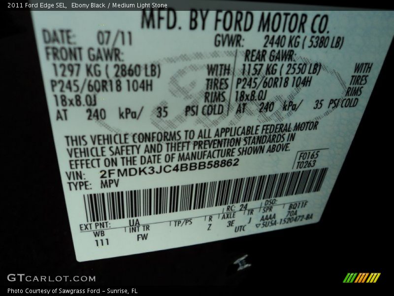 Ebony Black / Medium Light Stone 2011 Ford Edge SEL