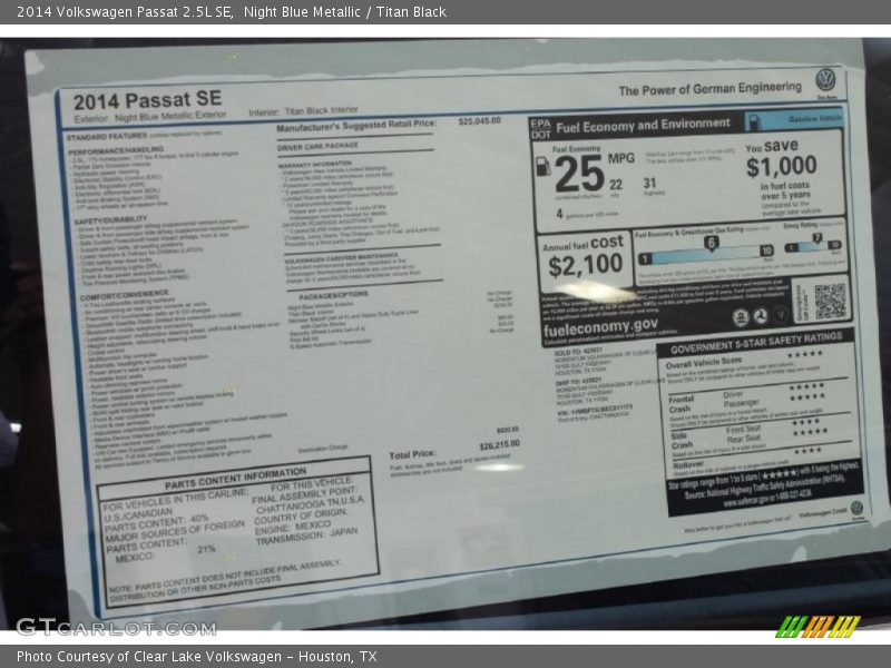 Night Blue Metallic / Titan Black 2014 Volkswagen Passat 2.5L SE