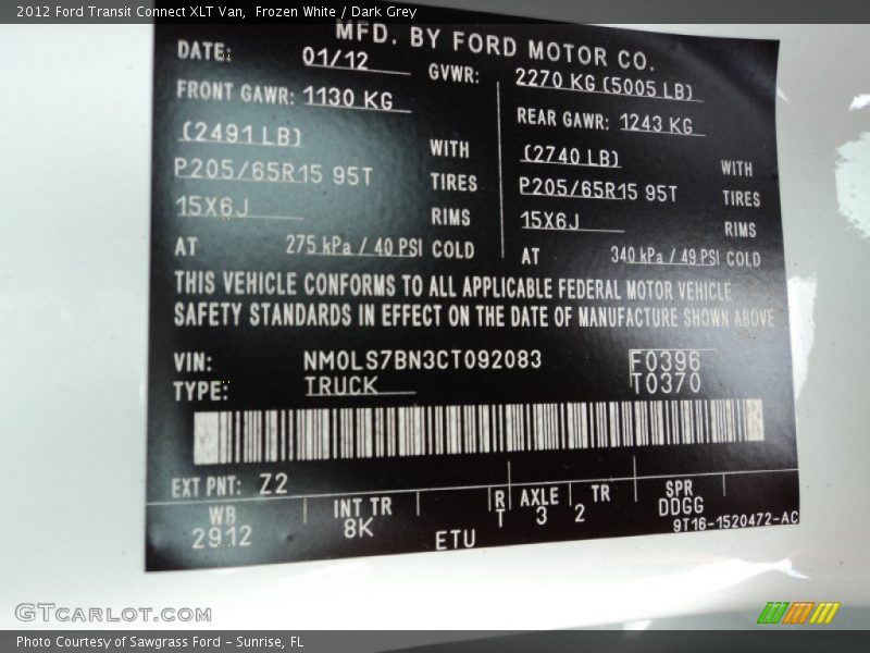 2012 Transit Connect XLT Van Frozen White Color Code Z2
