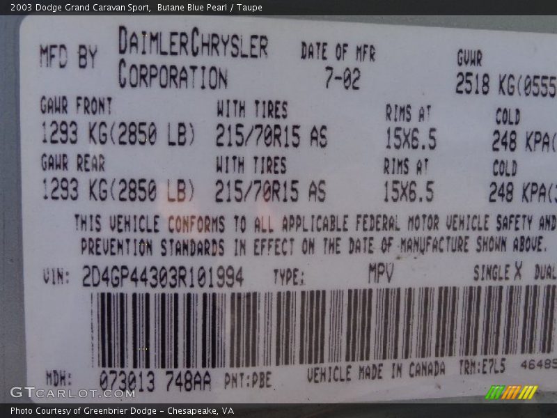 2003 Grand Caravan Sport Butane Blue Pearl Color Code PBE