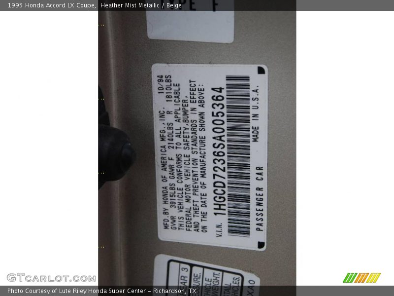 Heather Mist Metallic / Beige 1995 Honda Accord LX Coupe