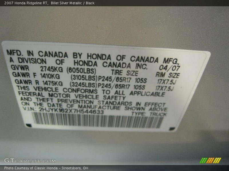 Billet Silver Metallic / Black 2007 Honda Ridgeline RT