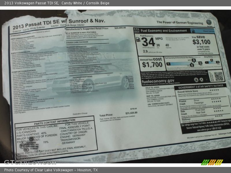 Candy White / Cornsilk Beige 2013 Volkswagen Passat TDI SE