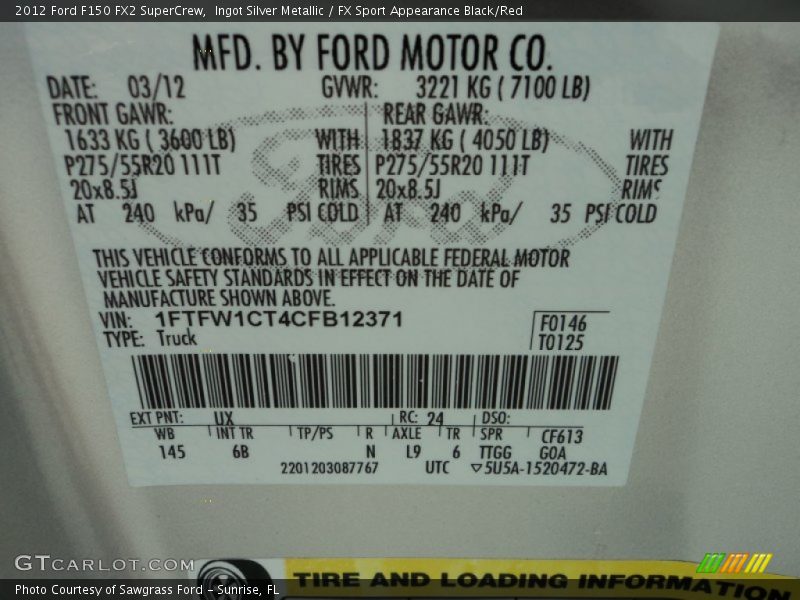 Ingot Silver Metallic / FX Sport Appearance Black/Red 2012 Ford F150 FX2 SuperCrew