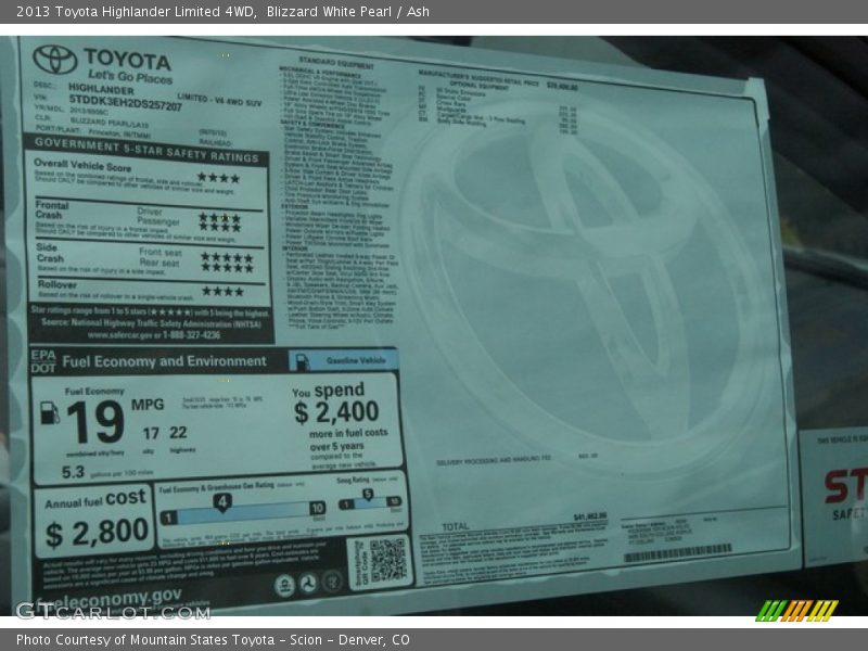 Blizzard White Pearl / Ash 2013 Toyota Highlander Limited 4WD