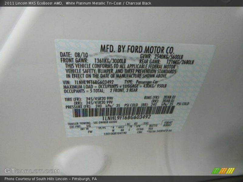 White Platinum Metallic Tri-Coat / Charcoal Black 2011 Lincoln MKS EcoBoost AWD