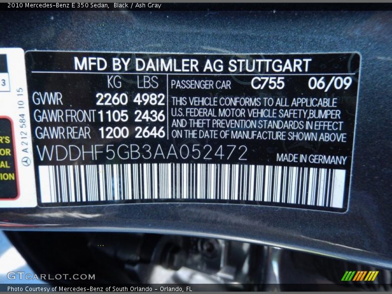 Black / Ash Gray 2010 Mercedes-Benz E 350 Sedan