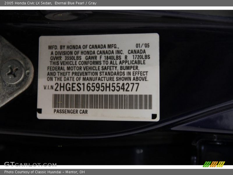Eternal Blue Pearl / Gray 2005 Honda Civic LX Sedan