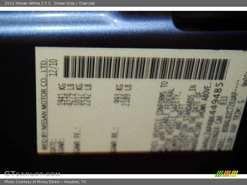 Ocean Gray / Charcoal 2011 Nissan Altima 2.5 S