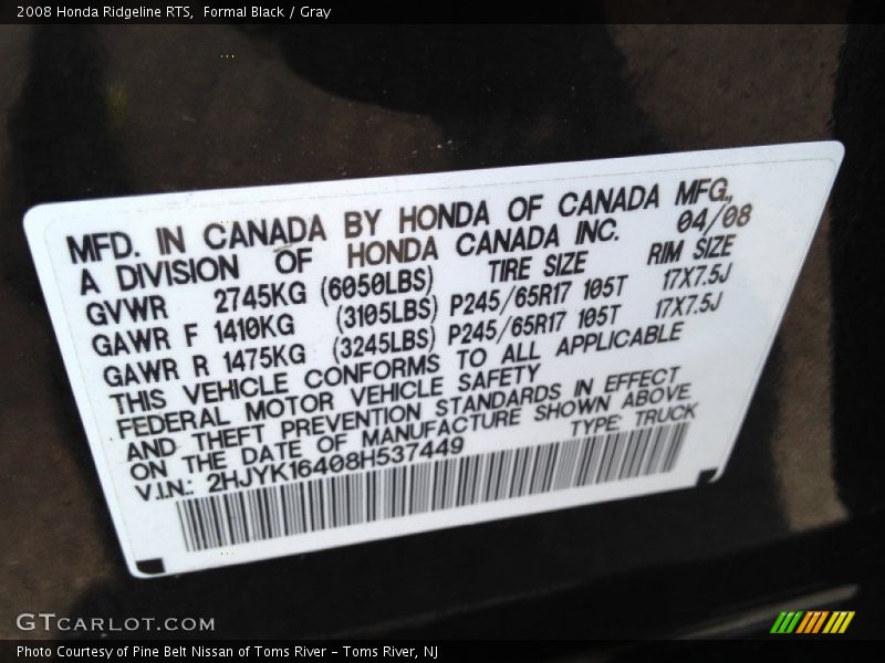 Formal Black / Gray 2008 Honda Ridgeline RTS