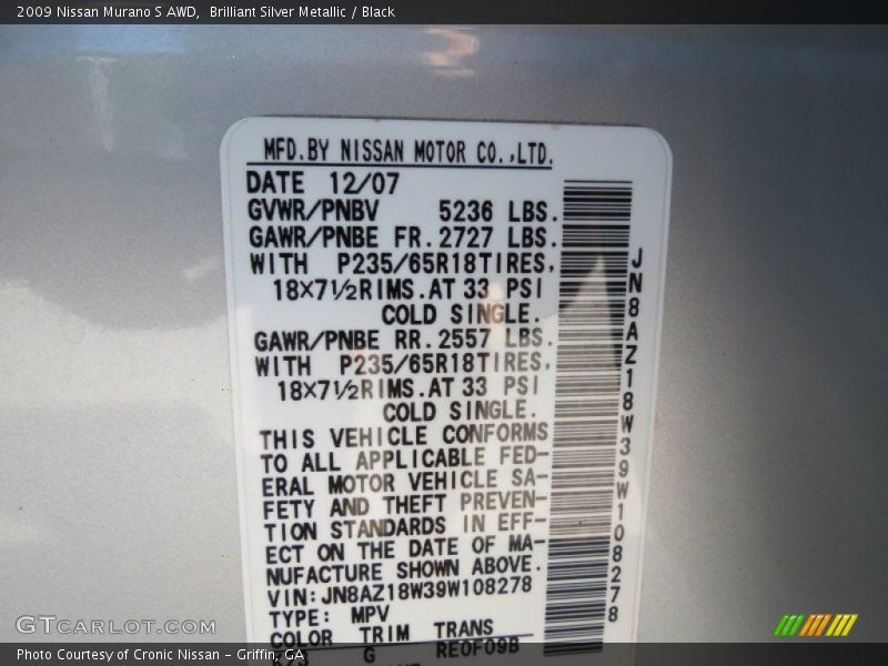 Brilliant Silver Metallic / Black 2009 Nissan Murano S AWD