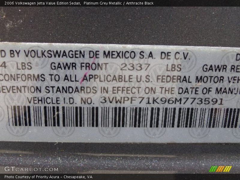 Platinum Grey Metallic / Anthracite Black 2006 Volkswagen Jetta Value Edition Sedan