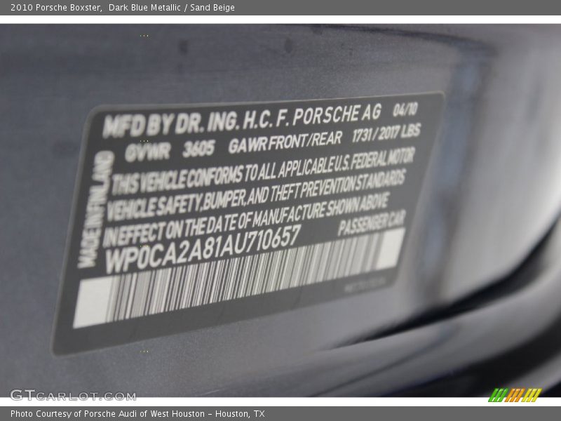 Dark Blue Metallic / Sand Beige 2010 Porsche Boxster