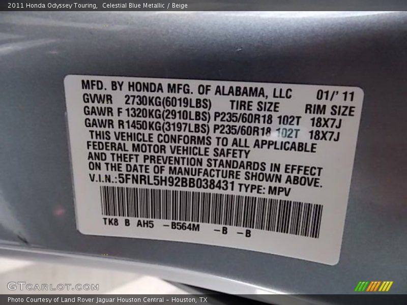 Celestial Blue Metallic / Beige 2011 Honda Odyssey Touring