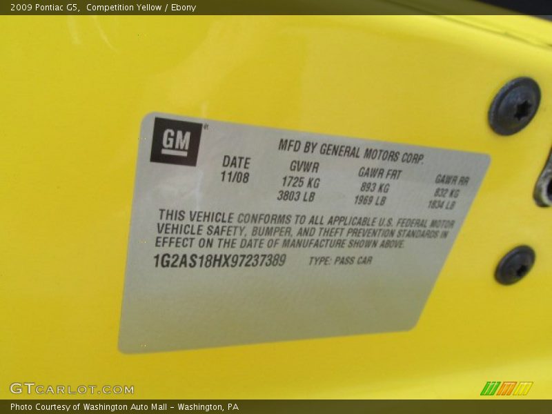 Competition Yellow / Ebony 2009 Pontiac G5