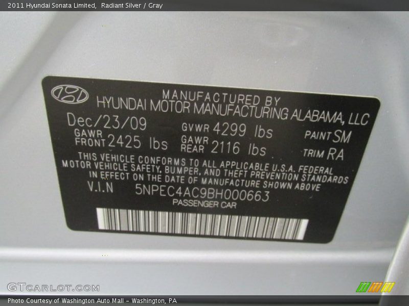 Radiant Silver / Gray 2011 Hyundai Sonata Limited
