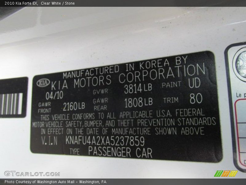 Clear White / Stone 2010 Kia Forte EX