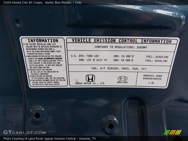 Atomic Blue Metallic / Gray 2009 Honda Civic EX Coupe