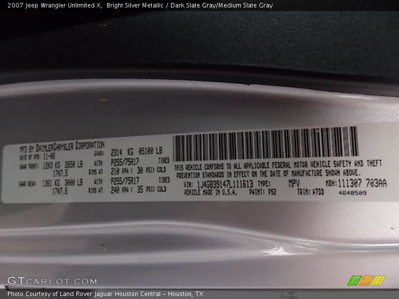 Bright Silver Metallic / Dark Slate Gray/Medium Slate Gray 2007 Jeep Wrangler Unlimited X