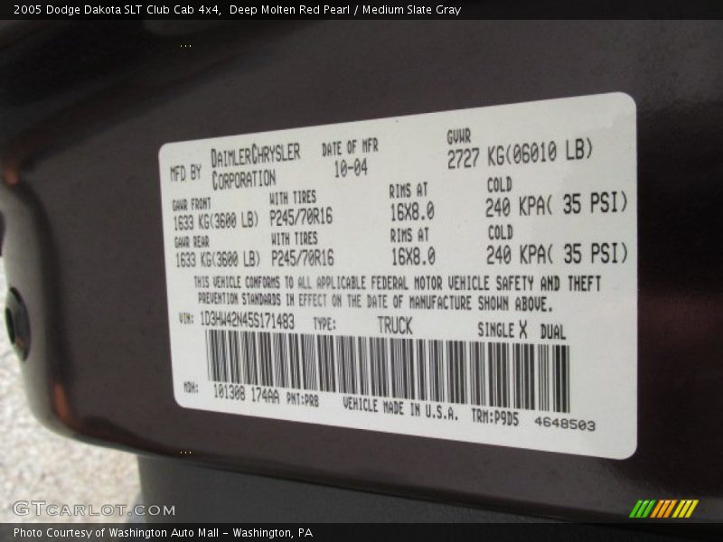 2005 Dakota SLT Club Cab 4x4 Deep Molten Red Pearl Color Code PR8