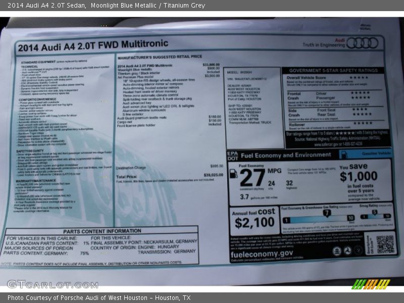  2014 A4 2.0T Sedan Window Sticker
