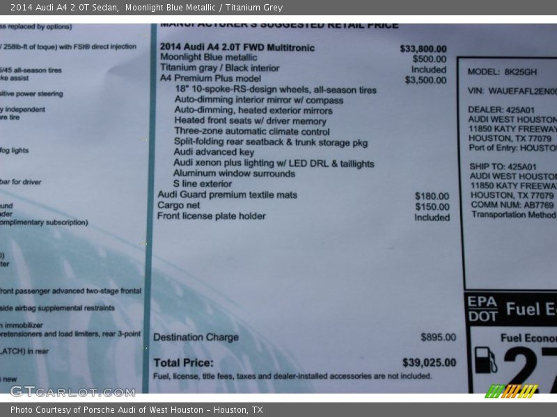  2014 A4 2.0T Sedan Window Sticker
