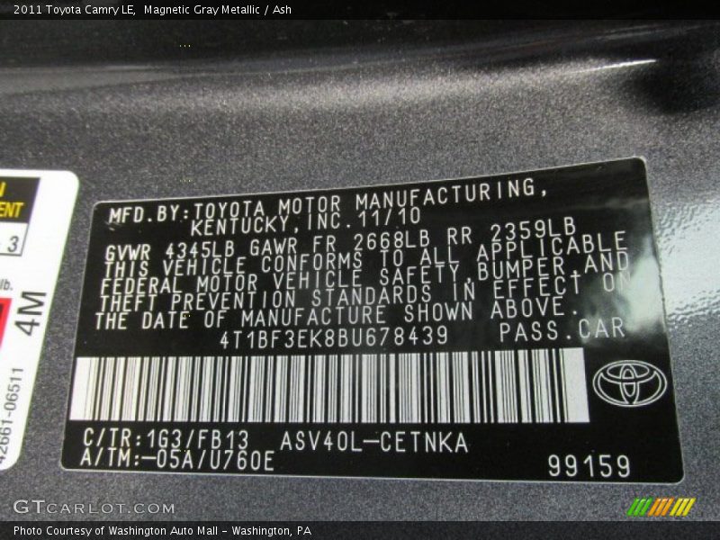Magnetic Gray Metallic / Ash 2011 Toyota Camry LE