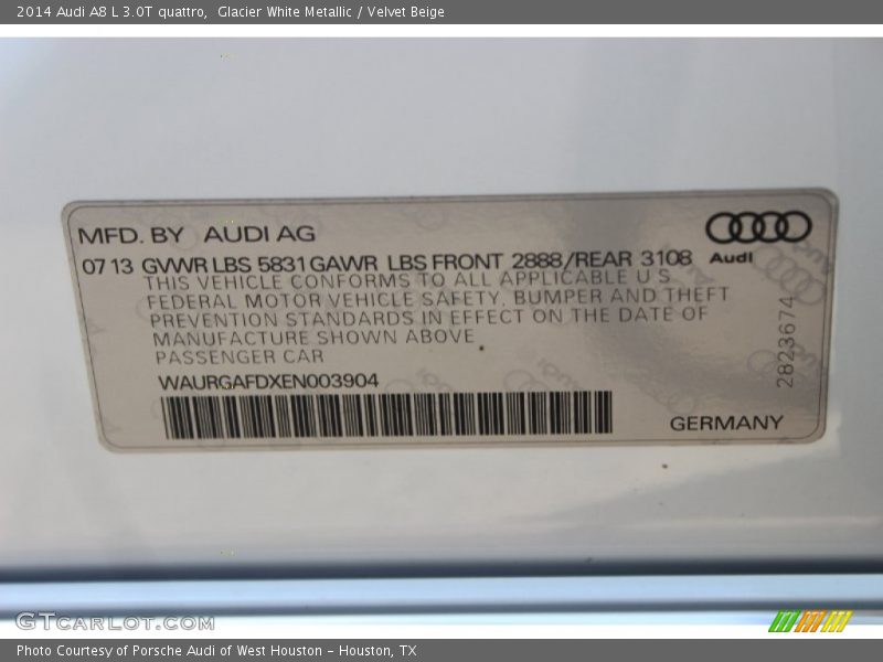 Glacier White Metallic / Velvet Beige 2014 Audi A8 L 3.0T quattro