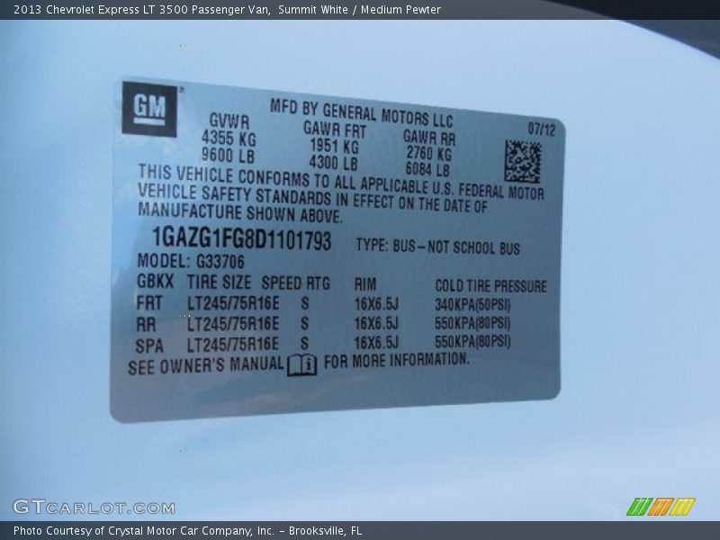 Info Tag of 2013 Express LT 3500 Passenger Van