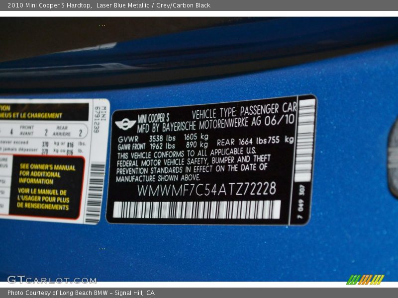 Laser Blue Metallic / Grey/Carbon Black 2010 Mini Cooper S Hardtop
