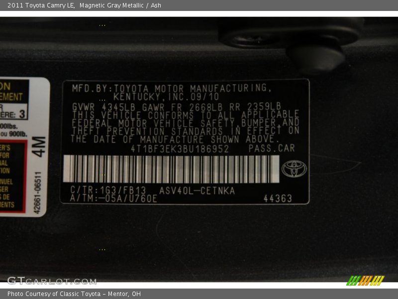 Magnetic Gray Metallic / Ash 2011 Toyota Camry LE