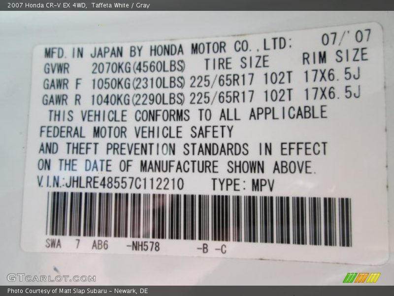 Taffeta White / Gray 2007 Honda CR-V EX 4WD