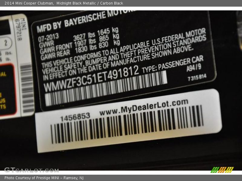 2014 Cooper Clubman Midnight Black Metallic Color Code A94