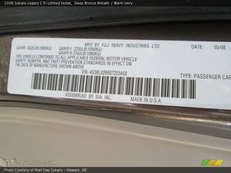 Deep Bronze Metallic / Warm Ivory 2008 Subaru Legacy 2.5i Limited Sedan