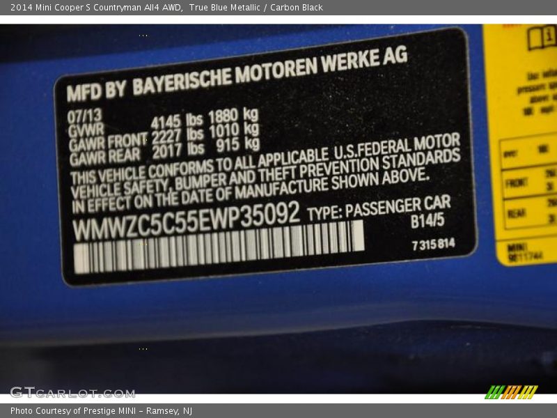 True Blue Metallic / Carbon Black 2014 Mini Cooper S Countryman All4 AWD