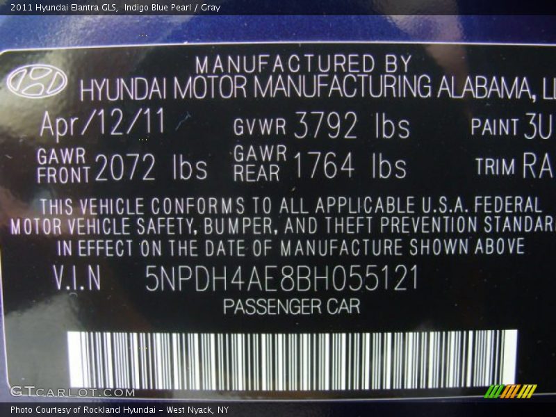 Indigo Blue Pearl / Gray 2011 Hyundai Elantra GLS
