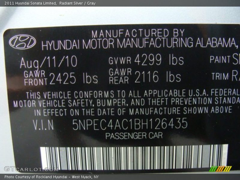 Radiant Silver / Gray 2011 Hyundai Sonata Limited