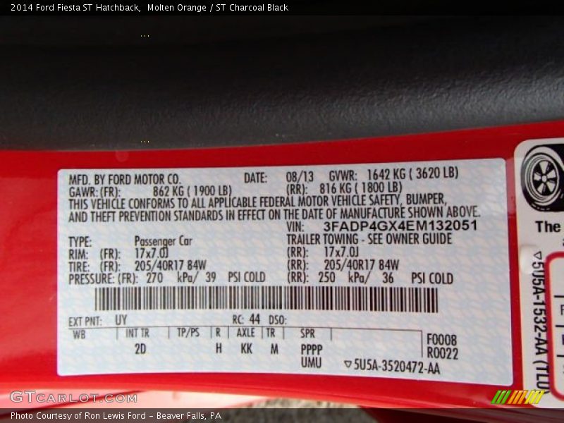 2014 Fiesta ST Hatchback Molten Orange Color Code UY