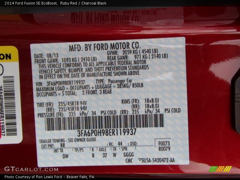 2014 Fusion SE EcoBoost Ruby Red Color Code RR