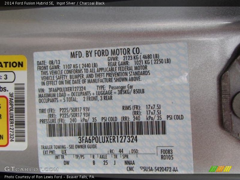 2014 Fusion Hybrid SE Ingot Silver Color Code UX