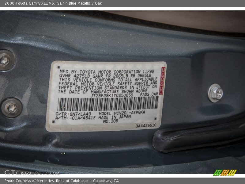 2000 Camry XLE V6 Sailfin Blue Metallic Color Code 8N7