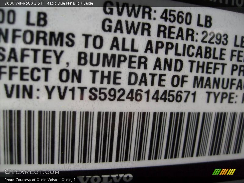 Magic Blue Metallic / Beige 2006 Volvo S80 2.5T