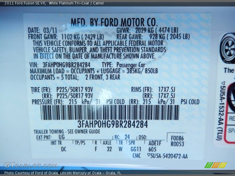 White Platinum Tri-Coat / Camel 2011 Ford Fusion SE V6